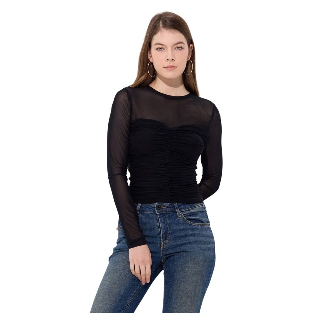 Wild Fable Women's Black Ruched Mesh Front Long Sleeve Top Size Large